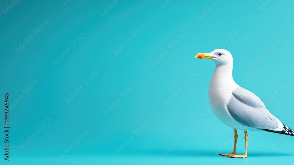 Seagull standing against bright blue background Seagull standing against bright blue background