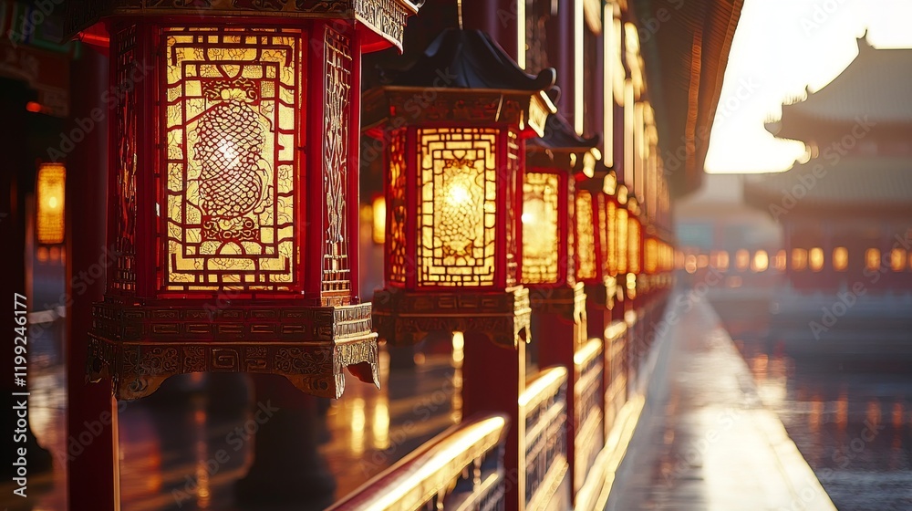 Traditional Chinese Lanterns Illuminate a Historic Temple Corridor at Sunset Traditional Chinese Lanterns Illuminate a Historic Temple Corridor at Sunset