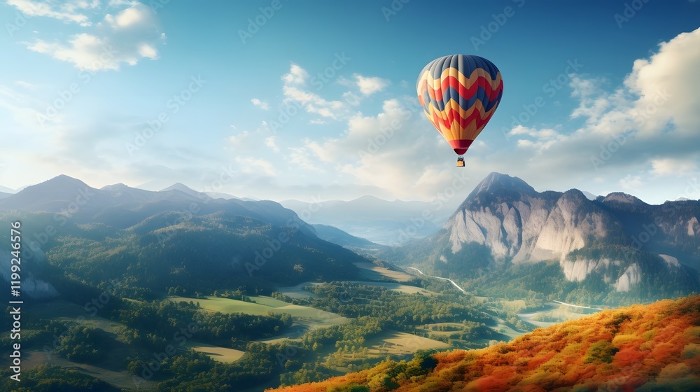 Obraz premium Majestic air balloon gently floating over a breathtaking panoramic mountain landscape offering a unique and perspective on the natural beauty of the great outdoors