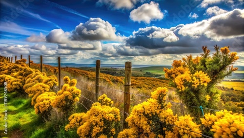 Northern Ireland's spring unfolds: barbed wire contrasts with vibrant gorse blossoms, a poignant panorama.