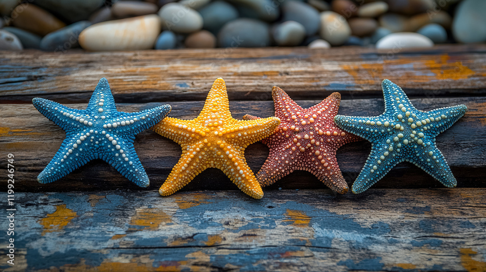 Vibrant starfish lined up on weathered wooden surface against a background of smooth pebbles. Generative AI Vibrant starfish lined up on weathered wooden surface against a background of smooth pebbles. Generative AI