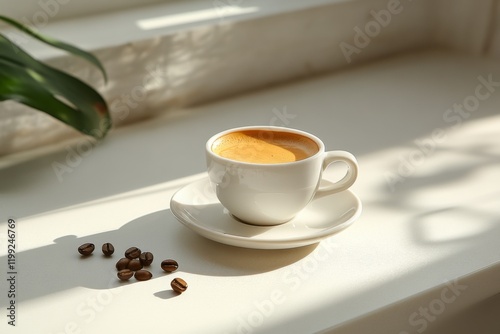 Cup of coffee on a sunny windowsill with coffee beans scattered