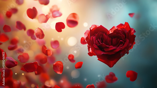 Romantic heart-shaped rose surrounded by scattered petals in a soft glowing background