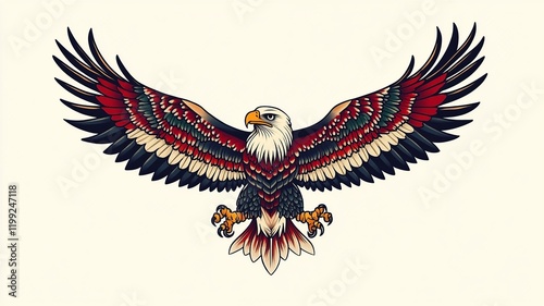 A striking eagle tattoo design in American traditional style, showcasing the eagle soaring through stylized clouds. Features bold colors and classic shading techniques to embody strength and freedom.
