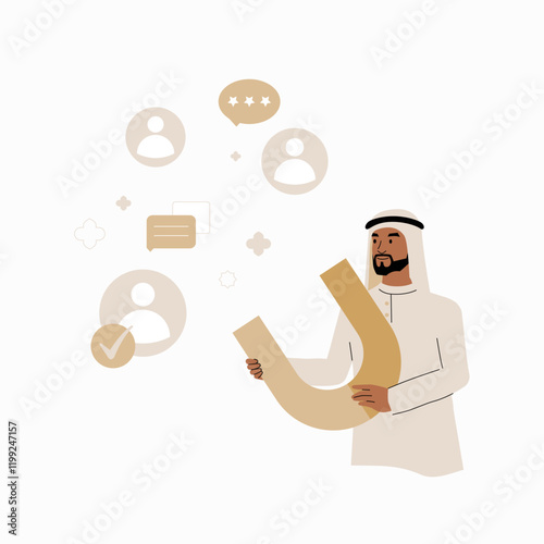 Man in traditional Muslim attire holding magnet in flat vector illustration symbolizing customer attraction, engagement, and marketing strategies, isolated on white background.