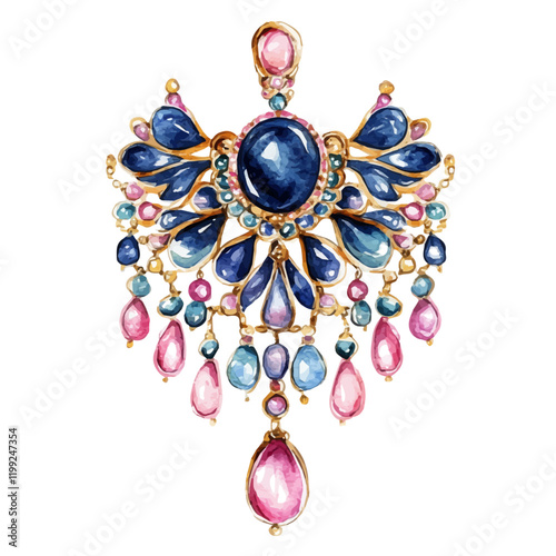 A watercolor vector painting of lacquered jewelry shining with traditional beauty, isolated on a white background.

