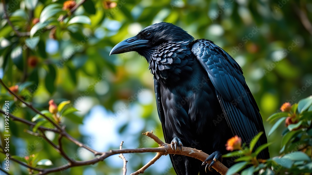Fototapeta premium Majestic Black Raven, Nature's Majesty, Big Beak, Sharp Focus, Stunning Colors, Outdoor Scene, Bird Photography