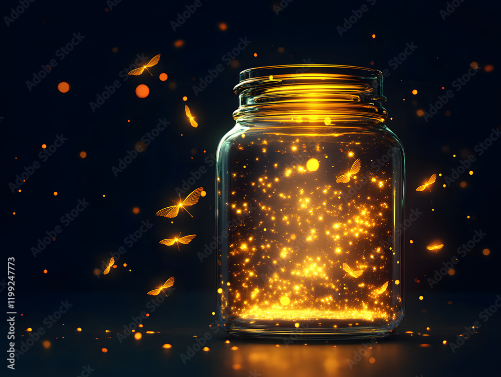 captivating glass jar filled with glowing fireflies, illuminating dark surroundings with magical glow. enchanting scene evokes sense of wonder and tranquility captivating glass jar filled with glowing fireflies, illuminating dark surroundings with magical glow. enchanting scene evokes sense of wonder and tranquility