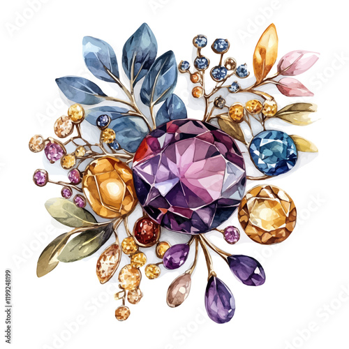 A watercolor vector painting of jewelry with colorful gemstones, showcasing a blend of art and nature, isolated on a white background.

