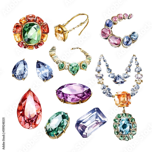 A watercolor vector painting of jewelry with colorful gemstones sets, a luxurious and eye-catching choice for special occasions, isolated on a white background.

