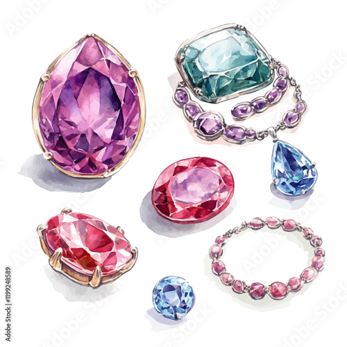 A watercolor vector painting of jewelry with colorful gemstones, giving a unique and attractive touch to jewelry sets, isolated on a white background.

