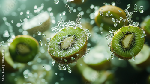 Kiwis falling in motion on green background. Close-up of many kiwis falling in motion. AI generative
 photo