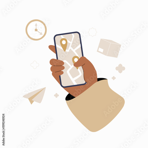 Hand holding smartphone with map and location pins in flat vector illustration symbolizing delivery tracking, navigation, and route planning, isolated on white background.