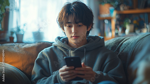 a young boy sitting on a couch looking at his cell photo