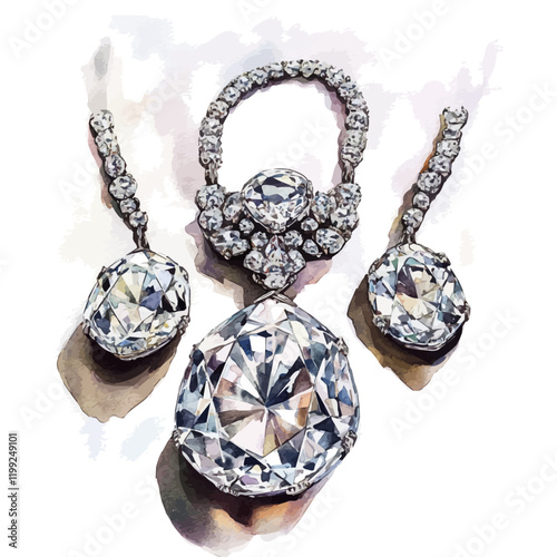 A watercolor vector painting of Cartier’s Louis XIV diamonds, brilliantly crafted with finesse and elegance, isolated on a white background.

