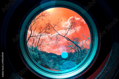 Infrared photography, a circular window frame that looks out onto a landscape. The colors are vivid and unusual, with shades of blue, green, and orange