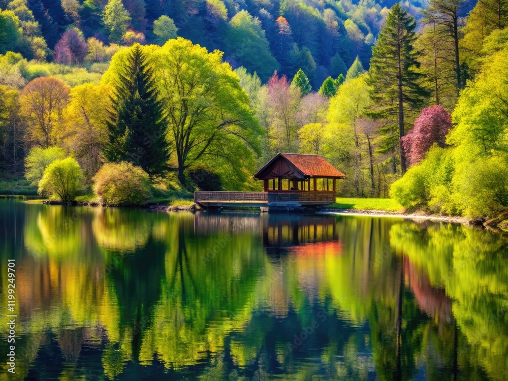 Obraz premium Serene spring lake: architectural photography captures the tranquil lakeside beauty.