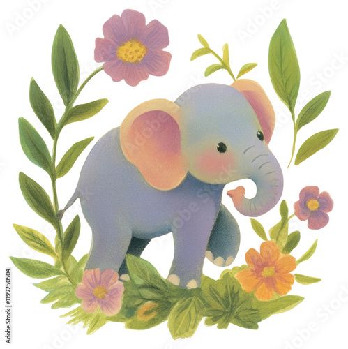 PNG Cute floral with elephant illustration wildlife flowers. photo