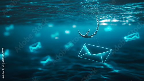 Glowing email icons submerged in water, symbolizing digital communication and phishing. scene evokes sense of mystery and intrigue beneath sea surface