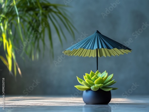 Wallpaper Mural Small green succulent plant protected by a miniature umbrella under a soft light Torontodigital.ca