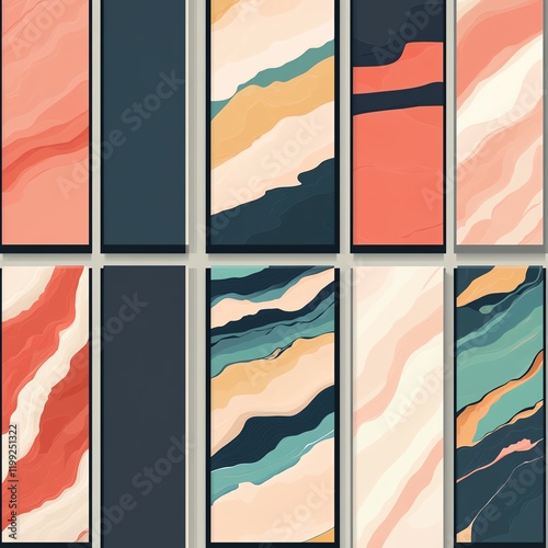 A vibrant abstract composition featuring fluid shapes and bold colors arranged in a grid pattern, ideal for modern decor or digital backgrounds.