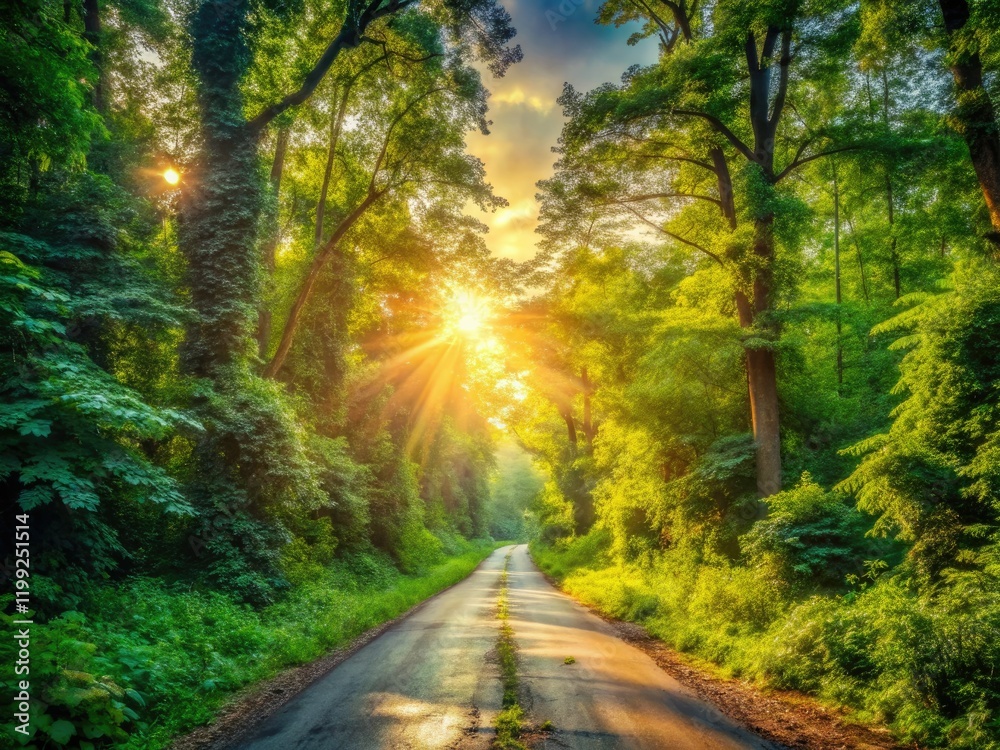 Fototapeta premium Sunlit path winds through a mysterious, overgrown forest; an abandoned road beckons urban explorers.