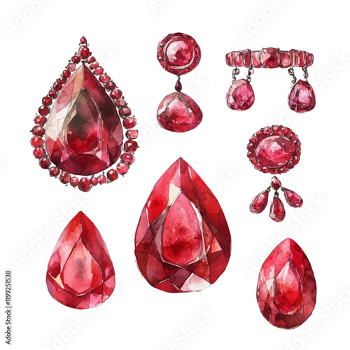 A watercolor vector painting of Indian rubies designs adorning unique and attractive sets, isolated on a white background.

