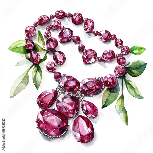A watercolor vector painting of Indian rubies as a luxurious choice for necklaces and bracelets, isolated on a white background.

