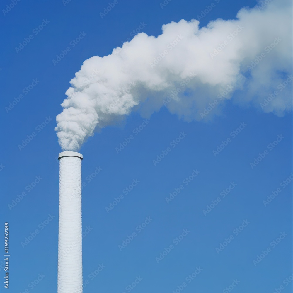 Tall industrial smokestack releasing white smoke into a clear blue sky, symbolizing pollution, climate change, and the effects of manufacturing on the environment. Tall industrial smokestack releasing white smoke into a clear blue sky, symbolizing pollution, climate change, and the effects of manufacturing on the environment.