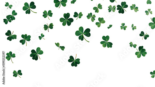 A Collection of Green Shamrocks Scattered Across a White Background with some space on the bottom