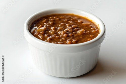 Rich, hearty dish in white bowl, showcasing tender beans in savo photo