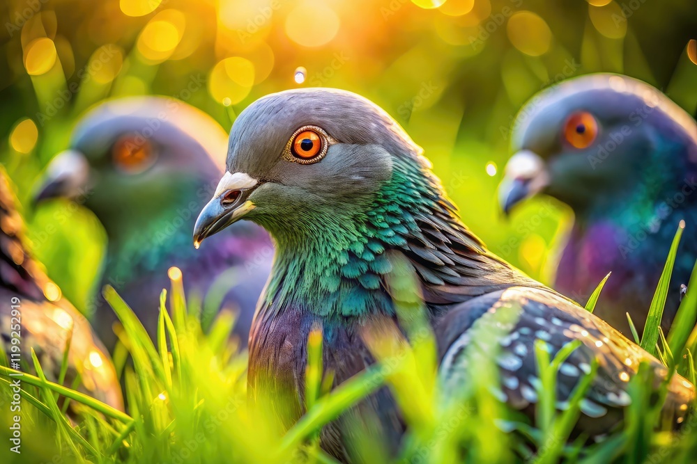 Obraz premium Vibrant close-up: summer pigeons nestled in lush green grass.