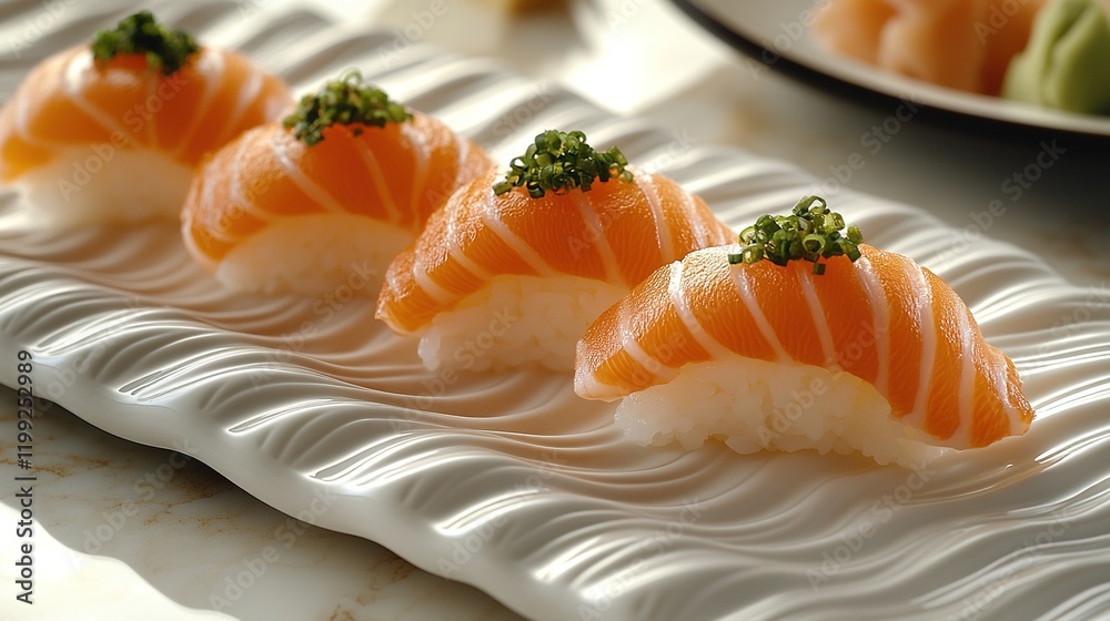 Fresh salmon sushi served on a textured plate with wasabi and ginger in background Fresh salmon sushi served on a textured plate with wasabi and ginger in background
