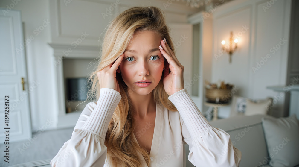 Person in white blouse, indoor room, fireplace, chandelier, couch, decorated room Person in white blouse, indoor room, fireplace, chandelier, couch, decorated room