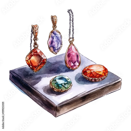 A watercolor vector painting of handmade lacquered jewelry standing out in the design, illustrated against a white background.

