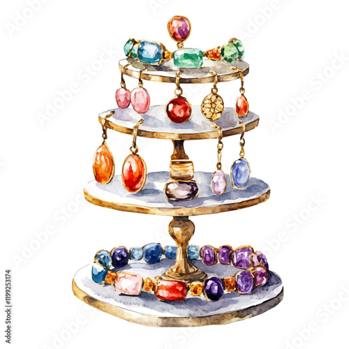 A watercolor vector painting of handmade lacquered jewelry standing out in the design, illustrated against a white background.

