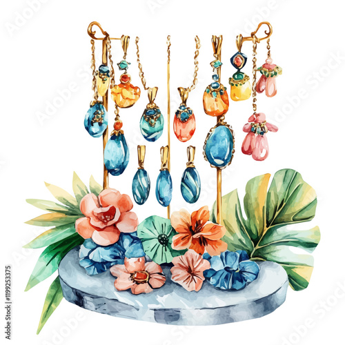 A watercolor vector painting of handmade lacquered jewelry standing out in the design, illustrated against a white background.


