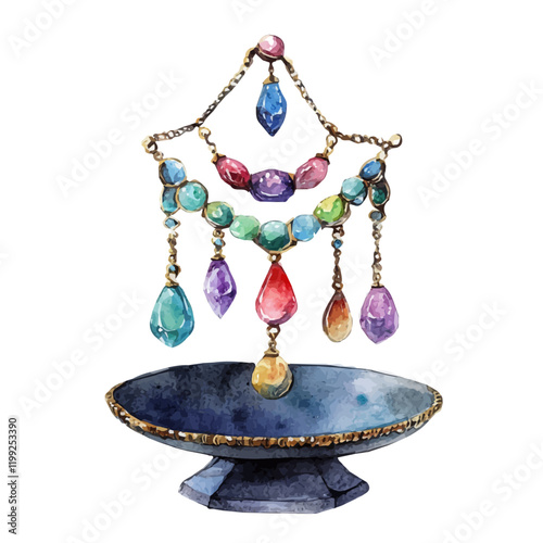 A watercolor vector painting of handmade lacquered jewelry standing out in the design, illustrated against a white background.

