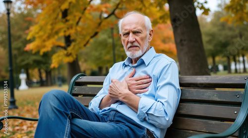 Elderly man, park bench, chest pain, autumn trees, park setting