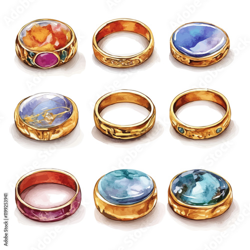A watercolor vector painting of handmade agate rings symbolizing traditional Iranian art, illustrated against a white background.

