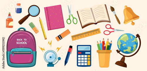 Back to school. School supplies vector set. Cute school icons backpack, magnifying glass, globe, books, notebook, pencils, ruler, magnifying glass, bell, calculator, brush, scissors Vector stationery 