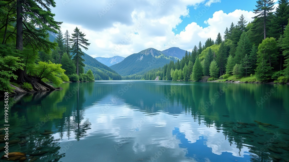 A serene forest scene unfolds, showcasing a vibrant teal lake reflecting the light blue sky dotted with clouds. Surrounding trees frame this tranquil oasis, inviting peaceful exploration A serene forest scene unfolds, showcasing a vibrant teal lake reflecting the light blue sky dotted with clouds. Surrounding trees frame this tranquil oasis, inviting peaceful exploration