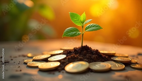 zen stones, coins and plant, A strong plant with thick stems pushing through a pile of shiny coins, with a dramatic shadow cast on a dark wood surface, representing the power of investment. photo