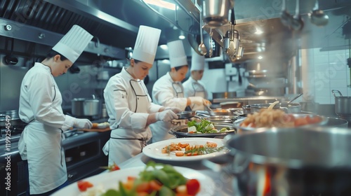 A team of chefs in a busy restaurant kitchen, preparing food. photo