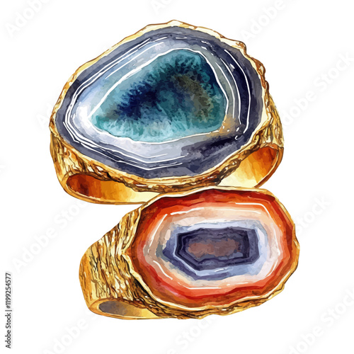 A watercolor vector painting of handmade agate rings, considered a special and unique gift, illustrated against a white background.

