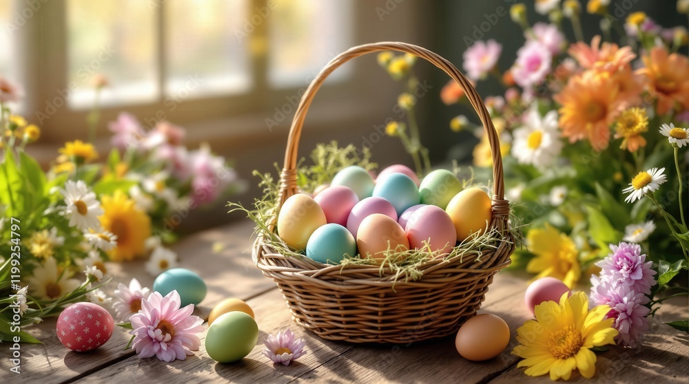 Colorful Easter eggs in a wicker basket surrounded by spring flowers. Perfect for Easter, spring, and holiday-themed designs Colorful Easter eggs in a wicker basket surrounded by spring flowers. Perfect for Easter, spring, and holiday-themed designs