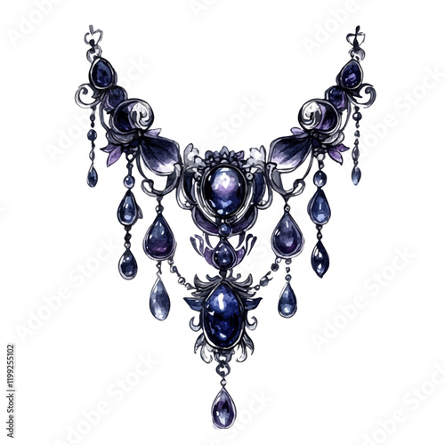 A watercolor vector painting of Gothic-style jewelry, emphasizing its dramatic designs, illustrated against a white background.

