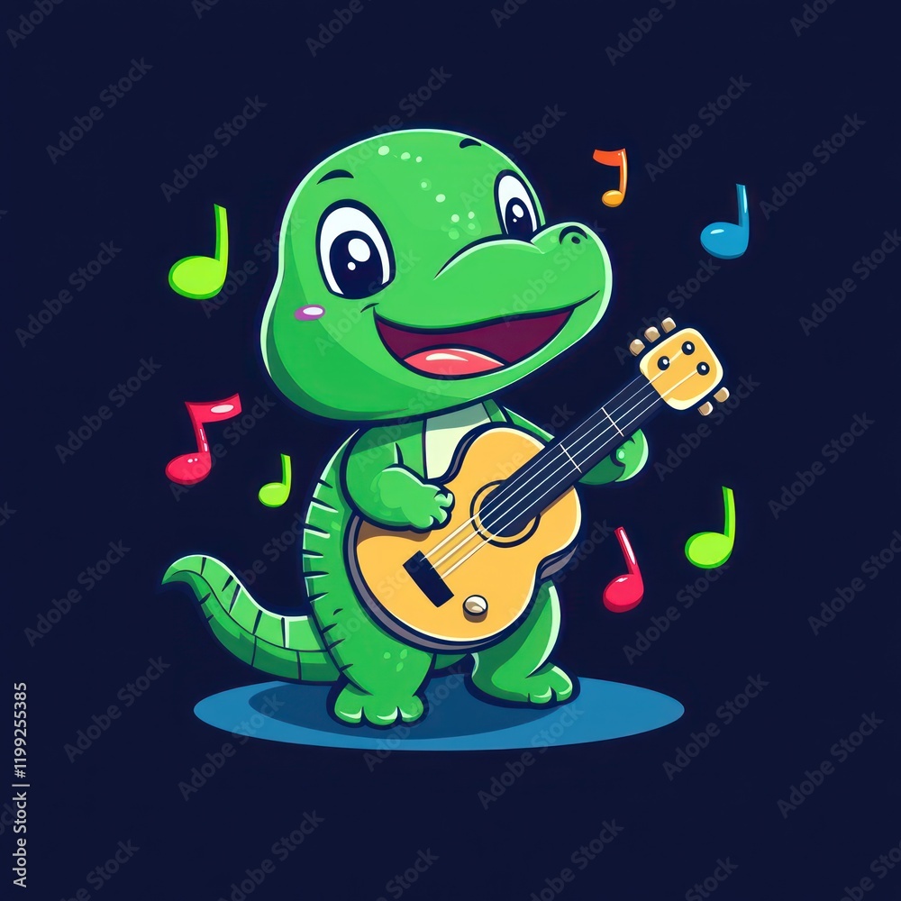 Obraz premium Happy lizard playing ukulele, music notes, dark background, children's book illustration