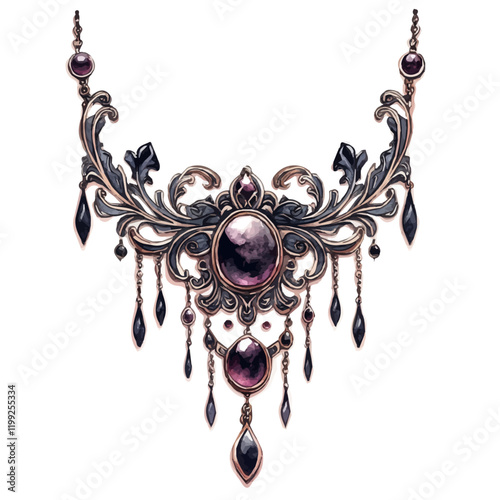 A watercolor vector painting of Gothic-inspired jewelry, beautifully illustrated against a white background.


