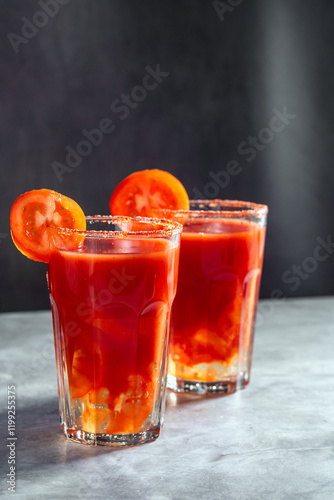 Two vegetable shaken cocktails in glass on dark grey background. Red tomato cocktail. Served with tomato slice. Vegan menu.